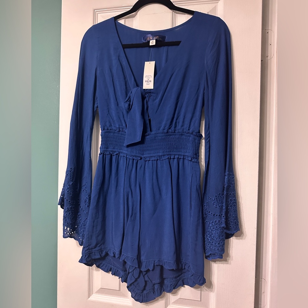 Francesca’s Collections Blue Long Sleeved Romper, V Neck, Stretch Waistband